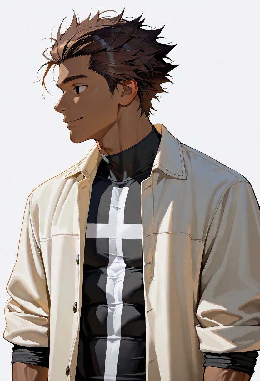 very awa, masterpiece, best quality, absurdres, newest, perfect quality, intricate details, realistic,
solo, male focus,
brown hair, slicked back hair, spiky hair
brown skin, toned body, lithe body, wide shoulders, 
black eyes, 
(black undershirt with solid white cross print), (huge white cross print),
(plain white polo jacket), (rolled up sleeves), open jacket,
happy,
plain white background, dynamic lighting, standing, dynamic angles, head to shoulder portrait,