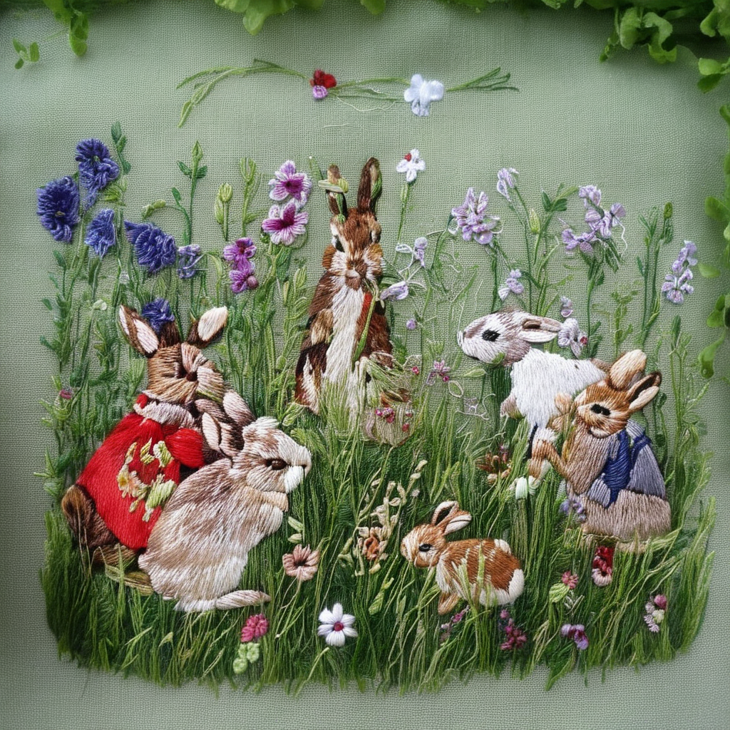 <lora:SDXL_embroidery_Sa_May_V8:1>   embroidery, rabbits eat flower on spring green grass