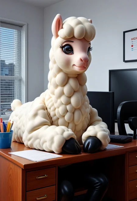 a bored Latex alpaca in a office, at a desk, boring office job, cubicle, the office tv show, very detailed, 4k, sharp