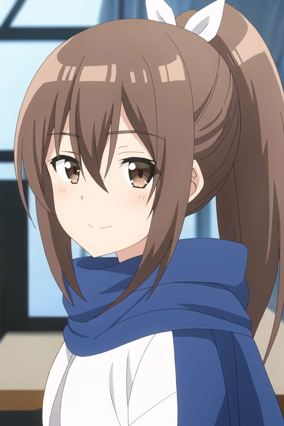 sally, anime art style, 1girl, solo, long_hair, looking_at_viewer, smile, bangs, brown_hair, hair_between_eyes, brown_eyes, closed_mouth, ponytail, hood, scarf, blurry, from_side, looking_to_the_side, portrait, genderswap, genderswap_(mtf), blue_scarf