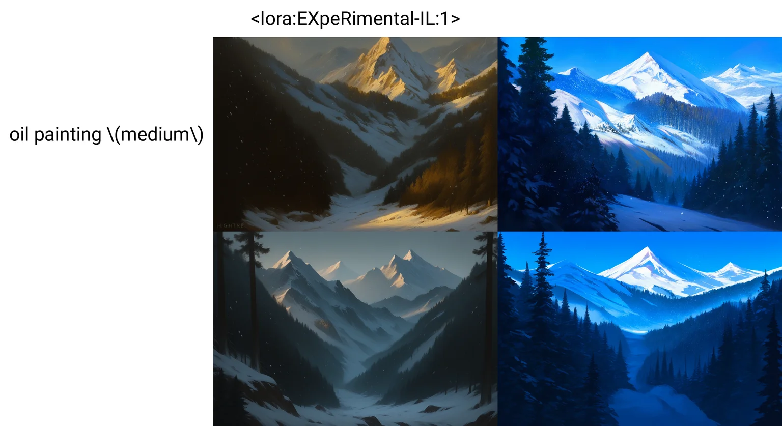 very awa, masterpiece, best quality, hightres, absurdres, scenery, no humans, snowing, mountain, forest, oil painting \(medium\), <lora:EXpeRimental-IL:1>