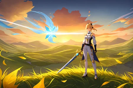 score_9,
<lora:leaguesplash_v1_pruned:0.95>,
1girl, jean \(genshin impact\), jean gunnhildr, leaf, wind, light blue magic, sword, rating_safe, grass, sunset, standing, facing viewer, looking at viewer,
high resolution, Masterpiece,
uncensored, rating_explicit