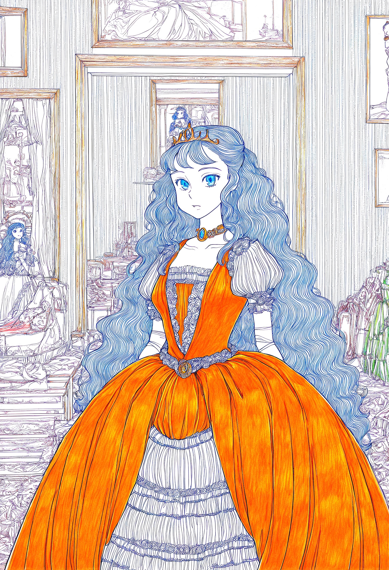 high quality, newest, hires, reduced color pallete, marker \(medium\), 1girl, solo, blue eyes, looking at viewer, dress, princess,  indoors, bedroom, cowboy shot,