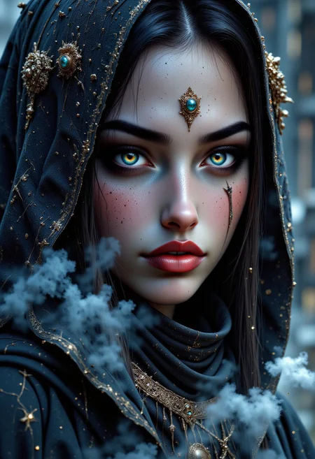 A breathtaking, 8K, photorealistic close-up portrait of a young woman, exuding confidence and strength, with an otherworldly aura, as if she carries the universe on her shoulders, her gaze piercing through the subtle, eerie fog that surrounds her, illuminated by a faint, soft, ethereal glow, evoking an epic, majestic atmosphere, reminiscent of a fantasy art masterpiece, perfect for a cover art, with a dreamy, painterly quality, blending the styles of mythp0rt, DB4RZ, and Jedwtrexp, with subtle watercolor textures.