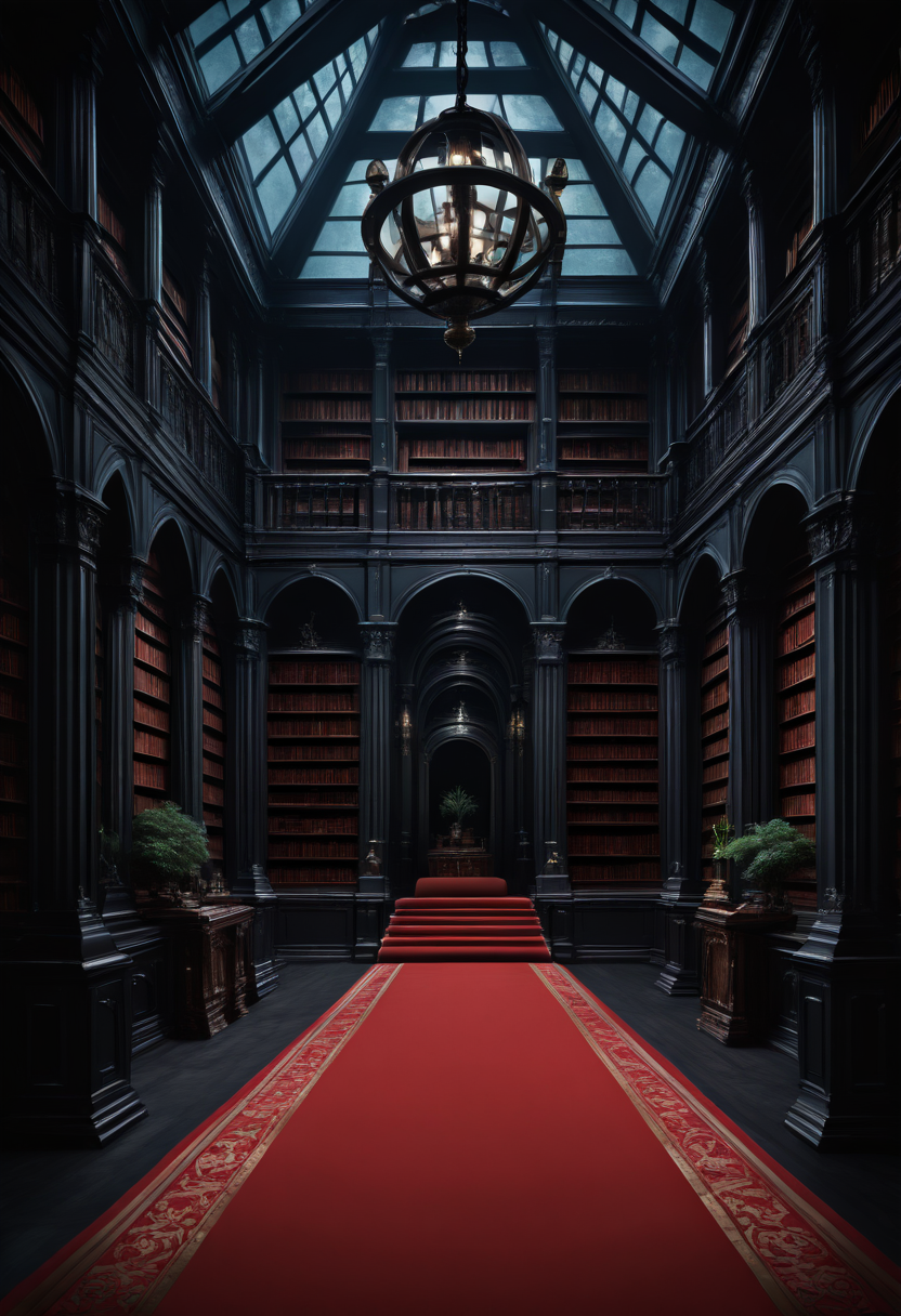 masterpiece, best quality,  d4rk4c4dem1a,   indoors, dark theme, tree, no humans, window, chair, table, plant, library, red carpet, candlestand, chandelier, books, dim lighting, BREAK, subsurface scattering, soft lighting, contemplative expression, dark background, subtle makeup, high-resolution, detailed texture, emotional depth, dramatic mood, serene atmosphere, cinematic lighting.   ,<lora:DarkAcademia_IXL:1.0>,