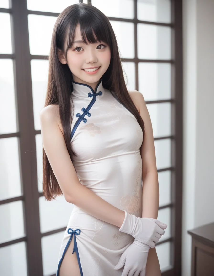score_9, score_8_up, score_7_up, score_6_up,score_anime, (realistic,real,photorealistic:1.1),(cowboy shot:1.4),1girl,medium breasts, china dress,, bare shoulders, blush, breasts, brown eyes, chinese clothes, dress, gloves, grey hair, grin, long hair, sleeveless, sleeveless dress, smile, solo, straight hair, very long hair, white dress, white gloves