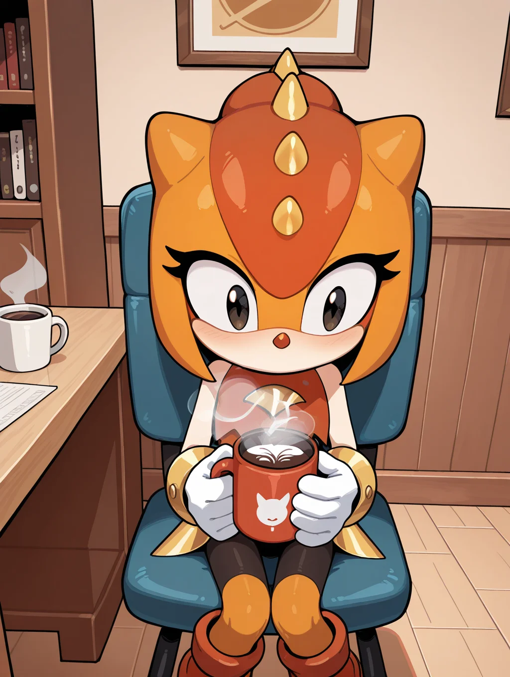 <lora:Trip_the_Sungazer_NS:1> trip the sungazer, indoors, holding, coffee mug, steam, light blush, shy, sitting, chair, solo, masterpiece, best quality, amazing quality, very aesthetic, absurdres, new, newest,