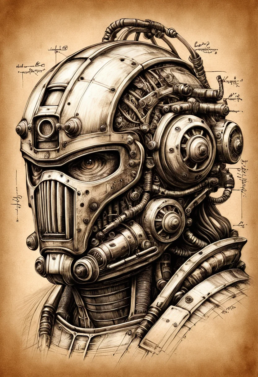 fallout, Da_Vinci, (Enclave:1.5) power armor helmet, sepia, ink drawing <lora:Da_Vinci:1>