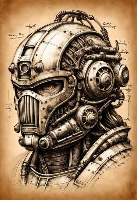 fallout, Da_Vinci, (Enclave:1.5) power armor helmet, sepia, ink drawing <lora:Da_Vinci:1>