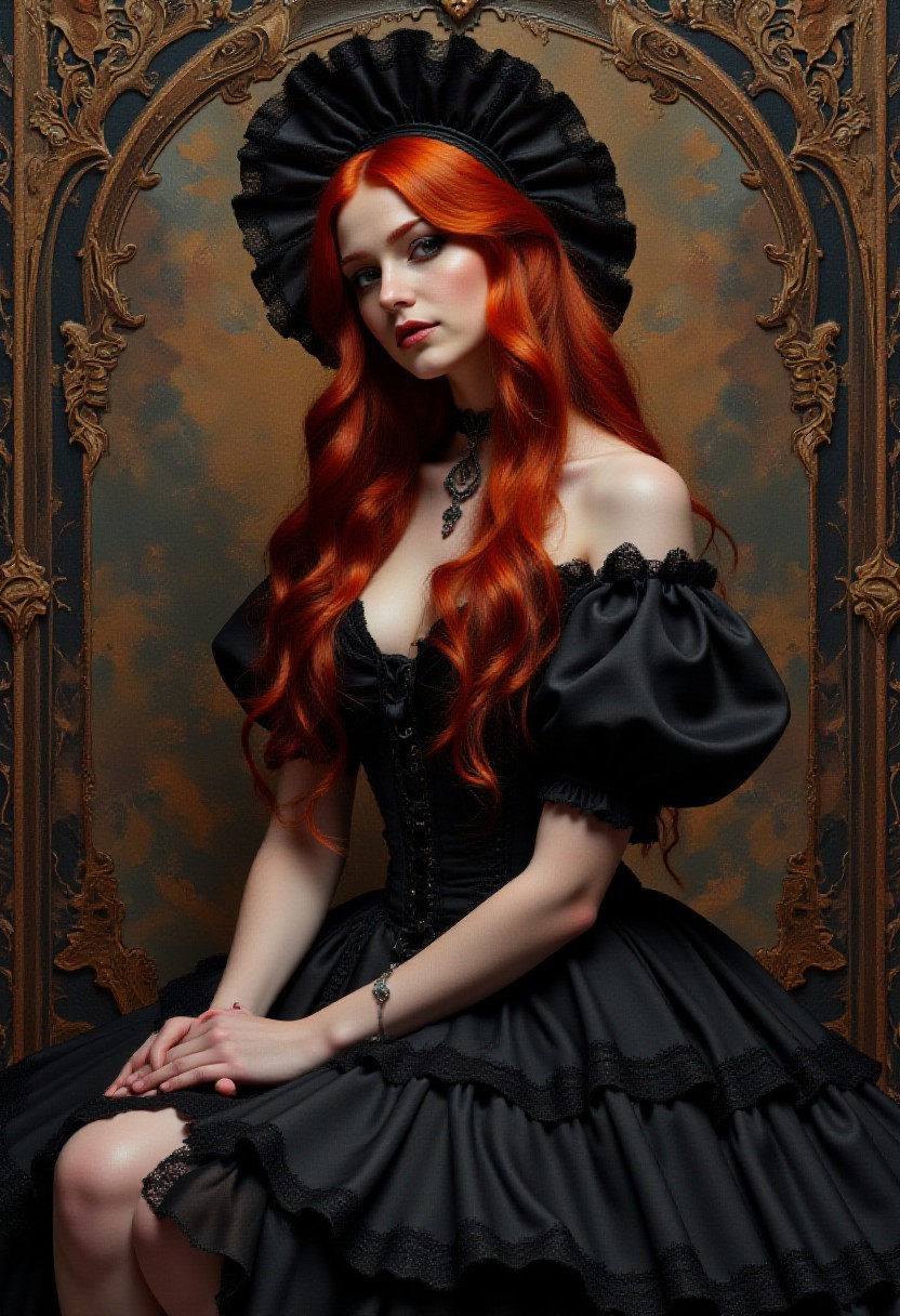 darkfantasycollagestyle, art nouveau style dark white "Armitage Codebusting", elegant, decorative, curvilinear forms, nature-inspired, ornate, detailed, <lora:flux-collagestyle:1>, holy, elaborate, perfect composition, ambient illumination, luxurious, dynamic dramatic beautiful full taking, red hair, dark short dress,PsychadelicChaos,Her long, flowing red hair cascades down her back, styled with delicate frills and adorned with a frilled hairband that features intricate lace trim. Perched atop her head, a charming bonnet enhances her whimsical look.
She sits gracefully, her bare shoulders accentuated by the elegant puffy short sleeves of her black dress. 
The dress is a masterpiece of design, featuring layers of soft fabric with frills that sway softly as she shifts.