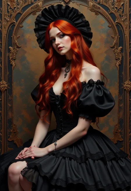 darkfantasycollagestyle, art nouveau style dark white "Armitage Codebusting", elegant, decorative, curvilinear forms, nature-inspired, ornate, detailed, <lora:flux-collagestyle:1>, holy, elaborate, perfect composition, ambient illumination, luxurious, dynamic dramatic beautiful full taking, red hair, dark short dress,PsychadelicChaos,Her long, flowing red hair cascades down her back, styled with delicate frills and adorned with a frilled hairband that features intricate lace trim. Perched atop her head, a charming bonnet enhances her whimsical look.
She sits gracefully, her bare shoulders accentuated by the elegant puffy short sleeves of her black dress.
The dress is a masterpiece of design, featuring layers of soft fabric with frills that sway softly as she shifts.