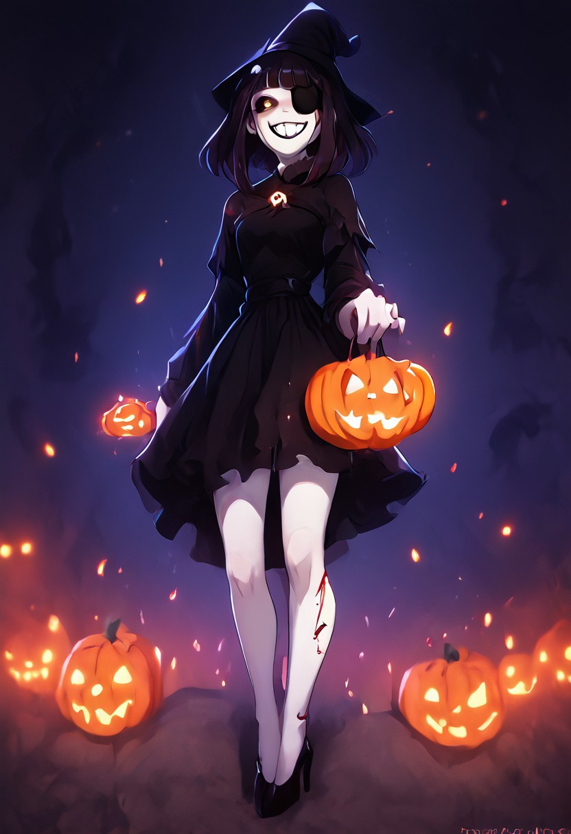 1girl,  kanamori sayaka, ((Goth Girl with very pale skin))  , eyepatch on left eye, smile, grin, black lips, big lips, teeth
BREAK
score_9, score_8_up, score_7_up, score_6_up, source_cartoon, rating_explicit 
GothMakeup
MuscleBae
BondageAttire
black hair bow, black sclera, colored sclera, yellow eyes, short black hair, braids, black dress, black high heels,  stitches, injury, scars, + +, injury, scars, blood, black tears, tr1ck0rtr3at, holding, Halloween bucket, doorway, street background, witch hat, Pumpkin spell, zPDXL3, jack-o'-lantern, trees, falling leaves, yellow orange and red leaves,