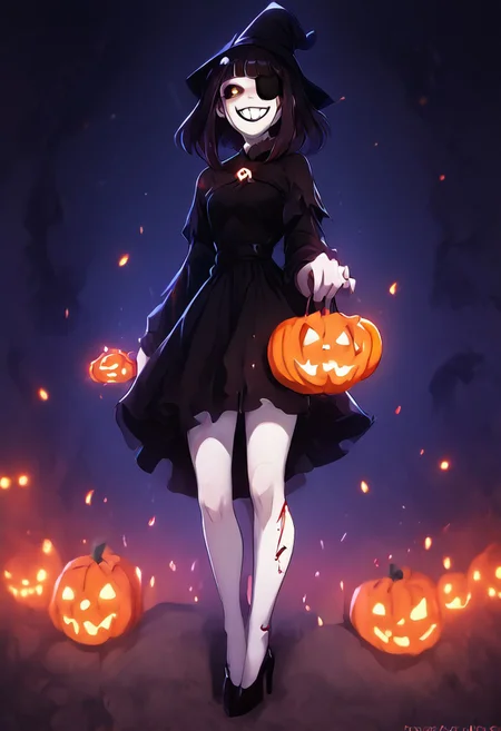 1girl, kanamori sayaka, ((Goth Girl with very pale skin)) , eyepatch on left eye, smile, grin, black lips, big lips, teeth
BREAK
score_9, score_8_up, score_7_up, score_6_up, source_cartoon, rating_explicit
GothMakeup
MuscleBae
BondageAttire
black hair bow, black sclera, colored sclera, yellow eyes, short black hair, braids, black dress, black high heels, stitches, injury, scars, + +, injury, scars, blood, black tears, tr1ck0rtr3at, holding, Halloween bucket, doorway, street background, witch hat, Pumpkin spell, zPDXL3, jack-o'-lantern, trees, falling leaves, yellow orange and red leaves,