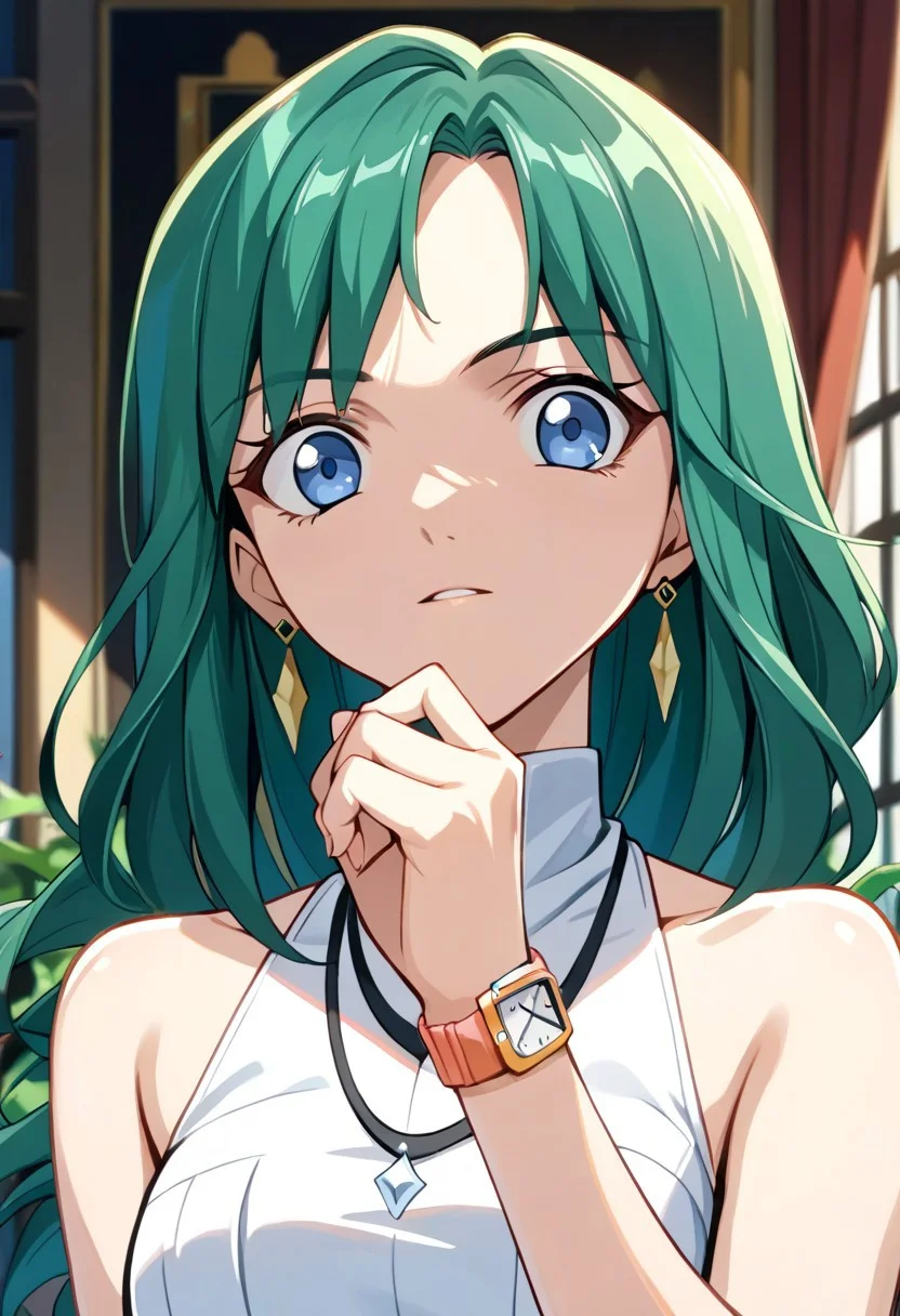 score_9, score_8_up, score_7_up, source_anime, JEWELS (BAKUGAN), 1girl, solo, green wave hair, looking at viewer, jewelry, upper body, golden earrings, bracelet, watch