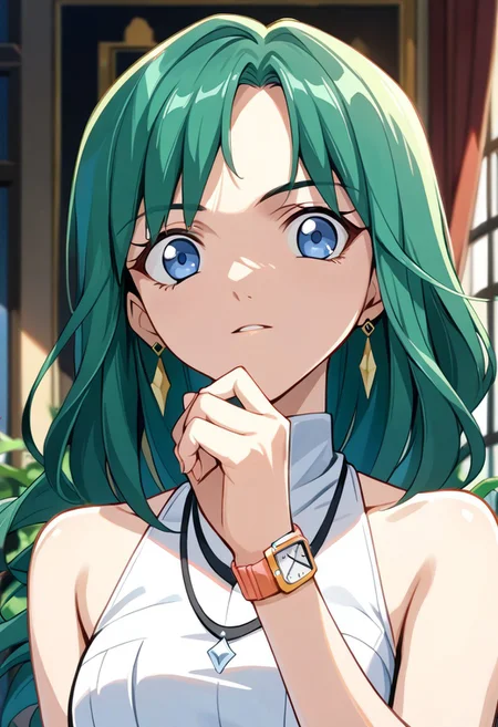 score_9, score_8_up, score_7_up, source_anime, JEWELS (BAKUGAN), 1girl, solo, green wave hair, looking at viewer, jewelry, upper body, golden earrings, bracelet, watch