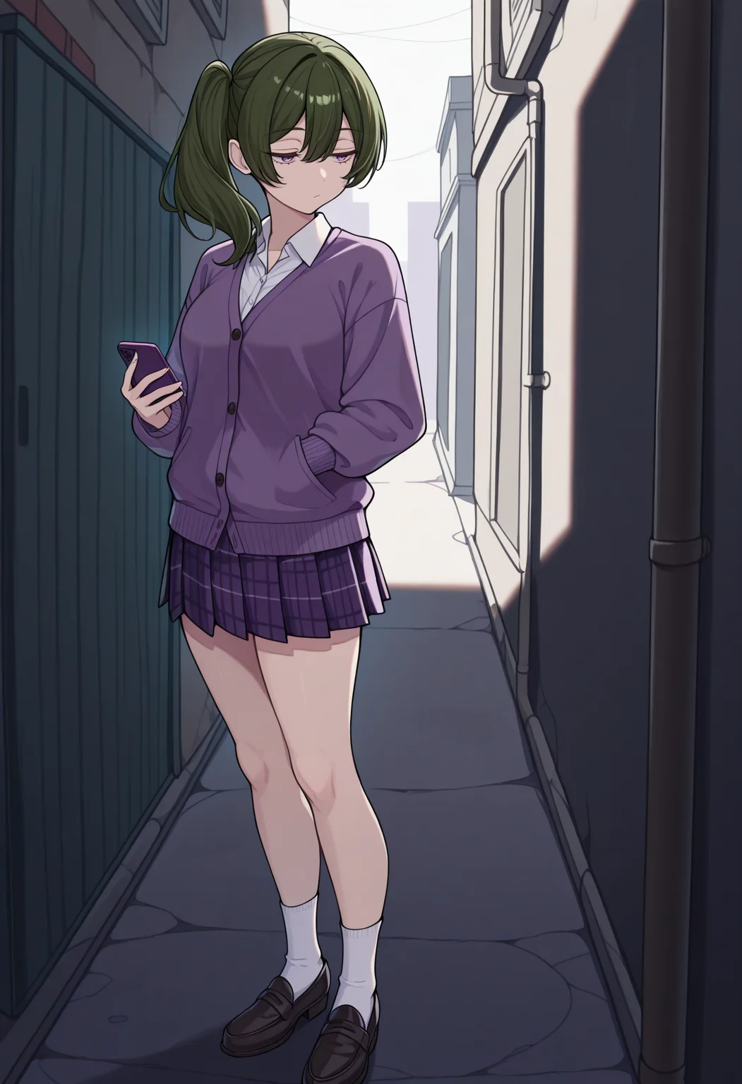masterpiece, best quality, 1girl, solo, Ch4mUbel, purple eyes, dark green hair, medium hair, side ponytail, outdoors, alley, standing, bored, holding phone, looking at phone, purple cardigan, collared shirt, white shirt, plaid skirt, white socks, loafers, <lora:ChamUbelIllustriousXL:1>