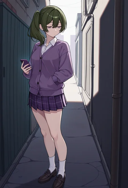 masterpiece, best quality, 1girl, solo, Ch4mUbel, purple eyes, dark green hair, medium hair, side ponytail, outdoors, alley, standing, bored, holding phone, looking at phone, purple cardigan, collared shirt, white shirt, plaid skirt, white socks, loafers, <lora:ChamUbelIllustriousXL:1>
