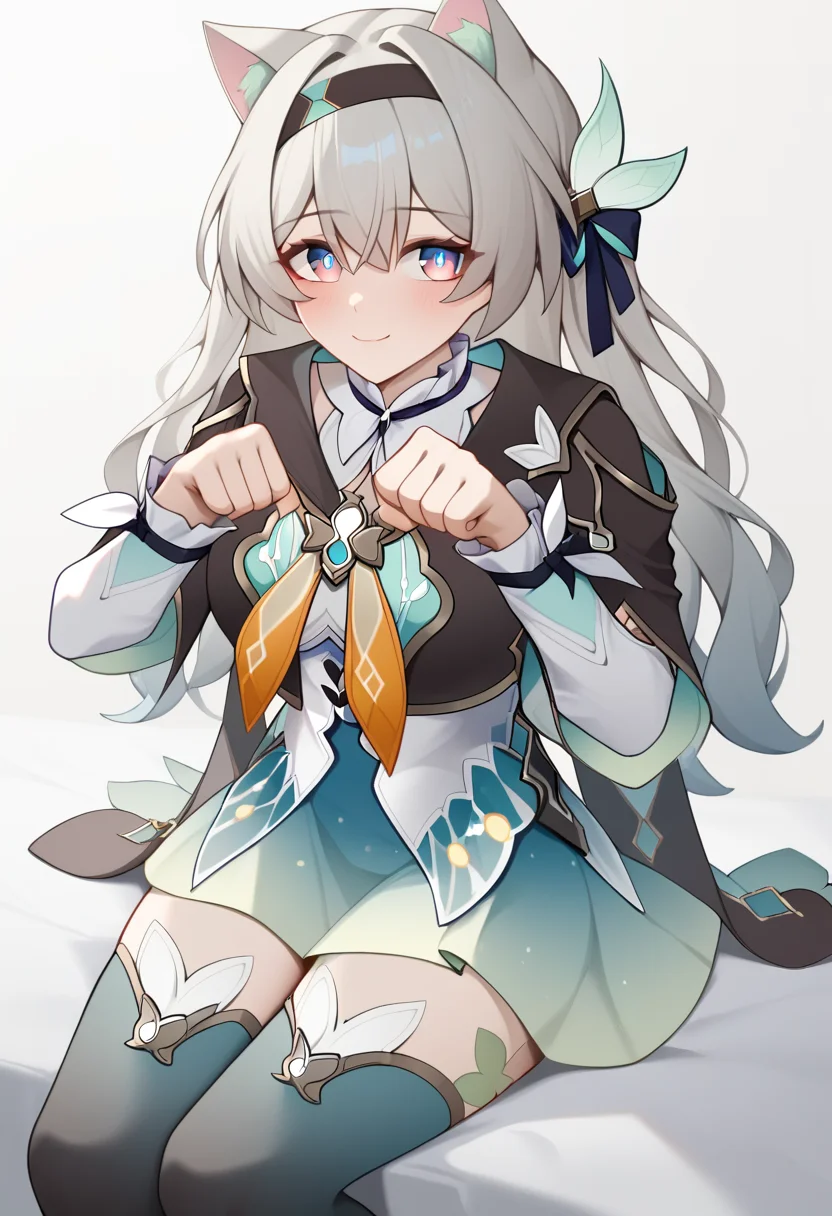 score_9,score_8_up,score_7_up,<lora:firefly_V3_pony:1>,white_shirt, orange_neckerchief, aqua_thighhighs, sitting, hands_up, smile, paw_pose, legs_together, closed_mouth, looking_at_viewer, highres, solo, firefly_\(honkai:_star_rail\), white_sleeves, blush, cropped_jacket, 1girl, cat_girl, black_jacket, absurdres, hair_intakes, large_breasts, white_background, aqua_skirt