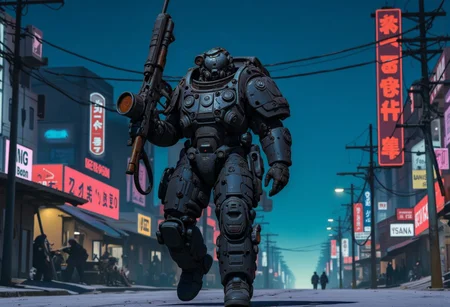 1man, A heavily armored warrior in futuristic black power armor stands confidently, wielding a massive gatling gun. The armor is bulky, with reinforced plating, large shoulder pads, and complex mechanical joints. The helmet has a visor and multiple metallic elements, giving the character a rugged, battle-hardened look. The gatling gun features a drum magazine, with visible wiring and mechanical components, emphasizing its powerful nature. The character exudes strength and resilience, with an imposing and intimidating stance, full shot, full body visible, ultra realistic, masterpiece, he walks in a deserted road, distant cyberpunk metropolis, night time, neon light lights the sky.
