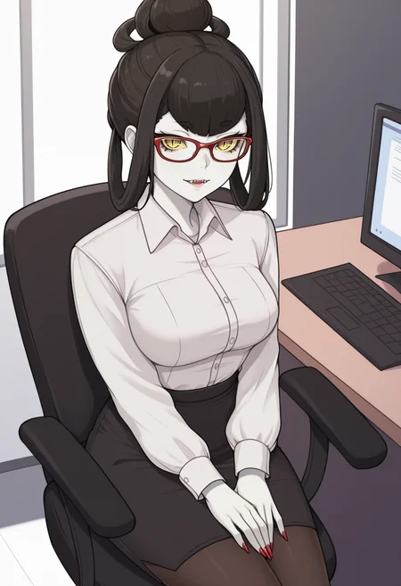 masterpiece, best quality, 1girl, sitting, looking at viewer, parted lips, fangs, hands on lap, red nails, <lora:NuwaSMT-illu:1> nuwa, black hair, hair bun, hair rings, glasses, red-framed eyewear, yellow eyes, slit pupils, pale skin, yellow sclera, dress shirt, medium breasts, mature female, long sleeves, pencil skirt, black skirt, pantyhose, office chair, desk, computer, collared shirt