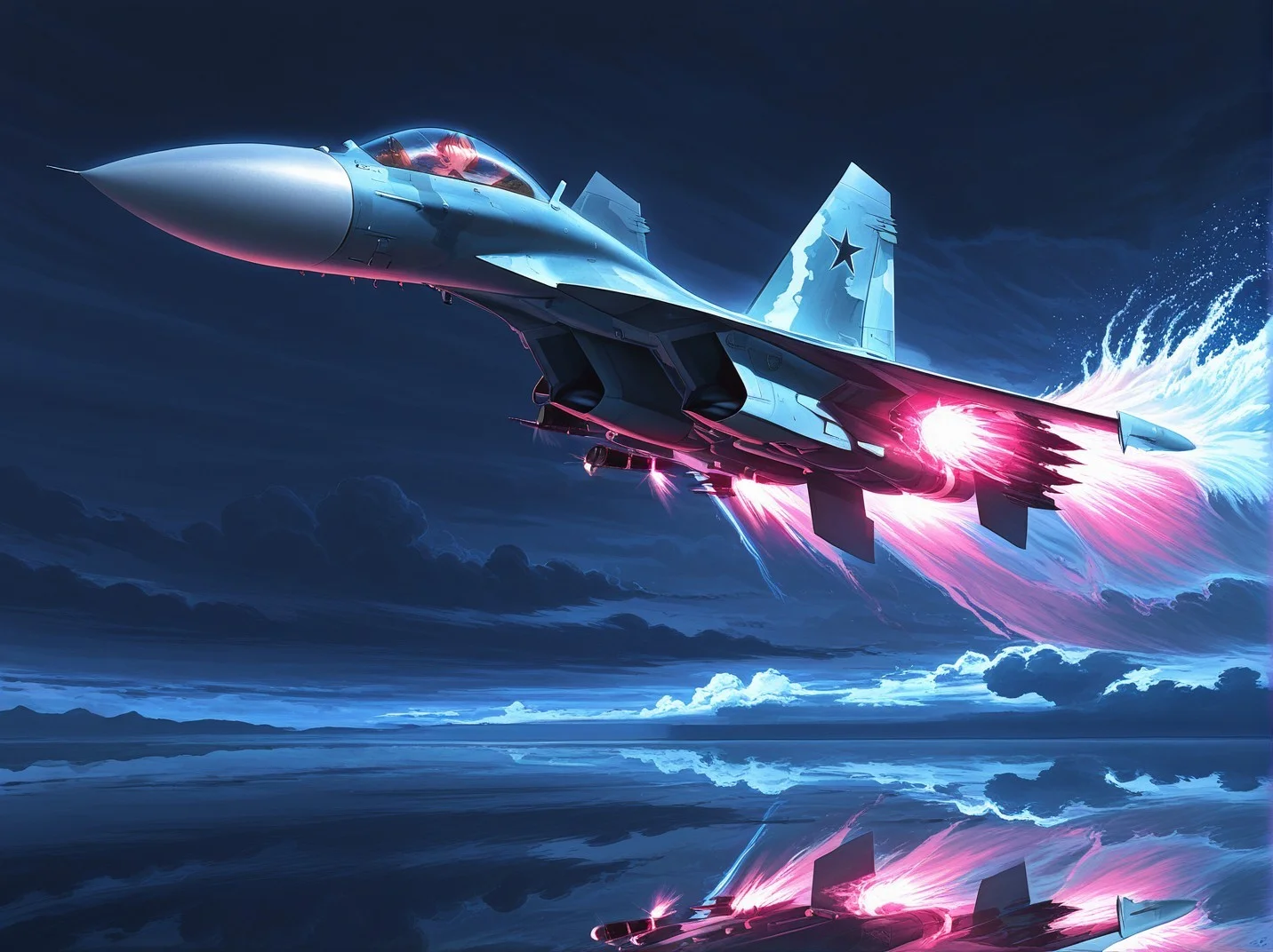 <lora:Su-27_Illustrious:1.1>,su-27 fighter jet,flying, reflection, stormy sea, massive wave spray, dark clouds, afterburner glow cutting through mist, dramatic seascape, hyper‑detailed digital painting, masterpiece, best quality, amazing quality