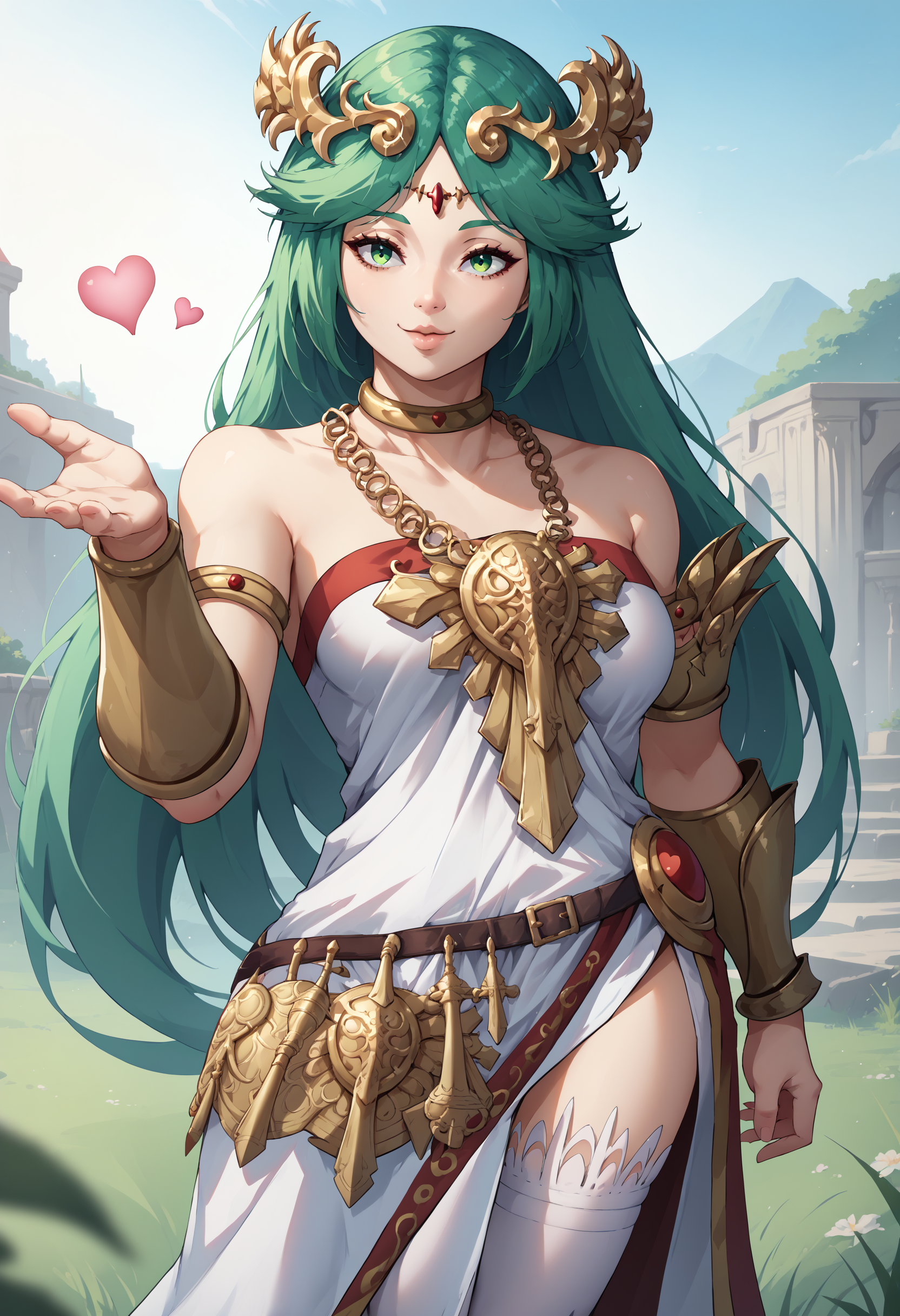 score_9, score_8_up, score_7_up, 1girl, plutena, green eyes, green hair, parted bangs, large breasts, forehead jewel, diadem, neck ring, gold choker, jewelry, gold chain, pendant, necklace, vambraces, armlet, circlet, tiara, collarbone, bare shoulders, strapless dress, white dress, multiple belts, side slit, single thighhigh, white thighhighs, <lora:Palutena_pdxl_Incrs_v1:1>, outdoors, <lora:FrierenBlowingKissMeme_XLPD:1> IncrsBlowingKiss, heart, blowing kiss, seductive smile,