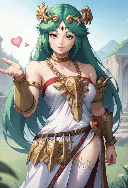 score_9, score_8_up, score_7_up, 1girl, plutena, green eyes, green hair, parted bangs, large breasts, forehead jewel, diadem, neck ring, gold choker, jewelry, gold chain, pendant, necklace, vambraces, armlet, circlet, tiara, collarbone, bare shoulders, strapless dress, white dress, multiple belts, side slit, single thighhigh, white thighhighs, <lora:Palutena_pdxl_Incrs_v1:1>, outdoors, <lora:FrierenBlowingKissMeme_XLPD:1> IncrsBlowingKiss, heart, blowing kiss, seductive smile,