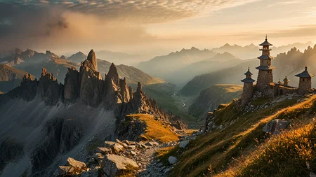 masterpiece,best quality,amazing quality,high resolution,ultra-detailed,absurdres,HDR,8K,high contrast,realistic,muted lithing,sharp focus,fine details,
A professional wide shot photography of the view On a high-alpine plateau dotted with miniature quartz towers. At summer dusk, golden light filters through drifting haze, quartz towers glow amber, and dragonflies hover above still air. ,