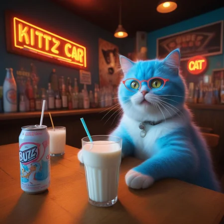 Prompt: Generate an image of a whimsical, cartoonish cat with electricified hair sticking up in all directions and exaggerated cross eyes, enjoying a sip of milk through a straw at a bar-style table. The milk cup has "buzz" written on it. The scene should be brightly lit with neon lights casting vibrant hues across the setting, creating a lively and slightly surreal atmosphere. Use a high-angle camera view, looking down at the table from above to emphasize the cat's unique perspective. The color scheme should be vivid and playful, with bold contrasts between the electric blue hair and the warm, wooden tones of the table and surrounding area. The background should feature a simple, yet intriguing bar counter with an array of colorful bottles and a retro neon sign that reads "Kitty Corner". Ensure the resolution is 1080p for crisp details and maintain an aspect ratio of 16:9 for optimal display. Keywords for image generation include: crazy cat, electric hair, cross eyes, drinking milk with a straw, bar table, neon lights, high-angle view, vivid color scheme, retro background.