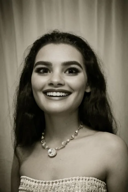 fFaceDetail, bare_shoulders, long_hair, lips, bead_necklace,1girl, lips, solo, flower in hair, breasts, formal dress, film grain, lip bite expression, monochrome, lipbite, portrait, 1950's hairdo, formal hairstyle, glamour, cleavage:1.7, headshot, realistic, photograph, 8k, sexy, (looking at viewer), bokeh background, smile, grin, satin, eye focus, biting lips, greyscale