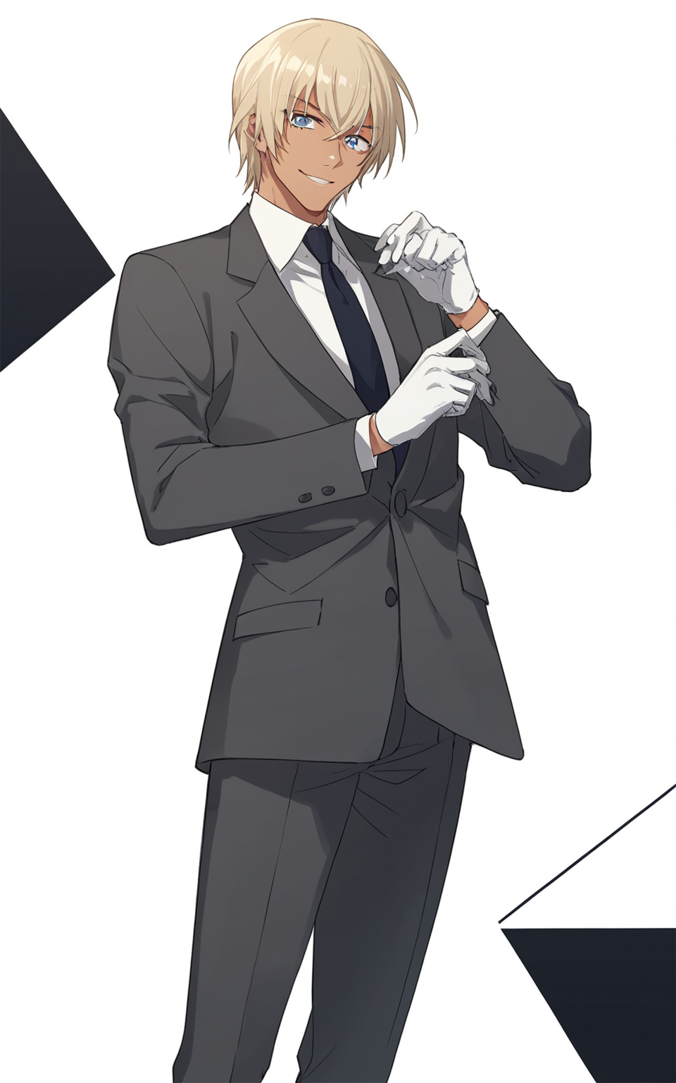 8k, best quality, masterpiece, (ultra-detailed), 
smile, (standing, medium shot, looking at viewer, white background, clean background:1.5), (pseudo-impasto:0.7), (by ask:0.5), (by rella:0.3), (by mochizukikei:0.3), high resolution, intricate details, solo, close up shot, 
<lora:anst-Net-Tanger:0.8>, anst, solo, 1boy, male focus, blonde hair, blue eyes, 
necktie, formal, gloves, suit, black footwear, shirt, pants, short hair, white shirt, jacket, white gloves,