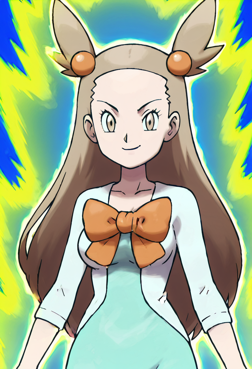 masterpiece, best quality, 1girl, solo, looking at viewer, smile, large breasts, aged up,   zzJasmine, brown eyes, hair bobbles, hair ornament, light brown hair, two side up, long hair, forehead,  white cardigan, green dress, orange bow, sleeves past elbows,  <lora:JasminePokemon_IXL_v2:1.0>, ,vivid aura, looking at viewer, blue background, smug, aura, super saiyan, charging energy, energy ball, energy, lightning, <lora:DBSBroly_Style_IXL_v2:0.6>,