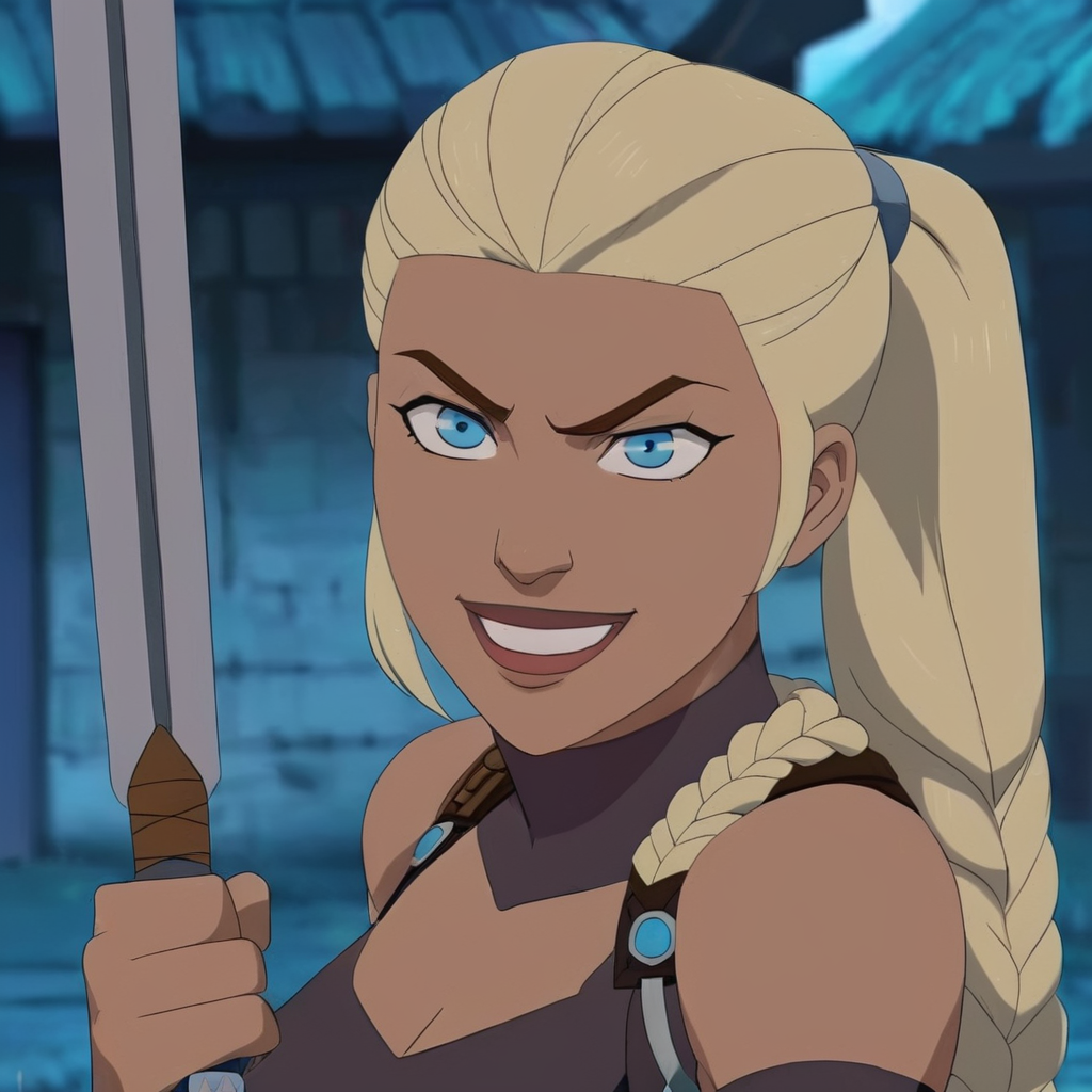 anime artwork of  <lora:Invincible (TV series):0.4>
 <lora:detailed:0.4> detailed
 <lora:perfection style:0.4> perfect
 <lora:PerfectEyesXL:0.3>
 <lora:War Woman:1>
War Woman a cartoon character with a yellow hair and blue eyes,warrior woman,amazonian warrior,closeup,1girl,solo,looking at viewer,smile,open mouth,blue eyes,blonde hair,1boy,braid,outdoors,dark skin,parody,building,portrait, anime style, key visual, vibrant, studio anime,  highly detailed