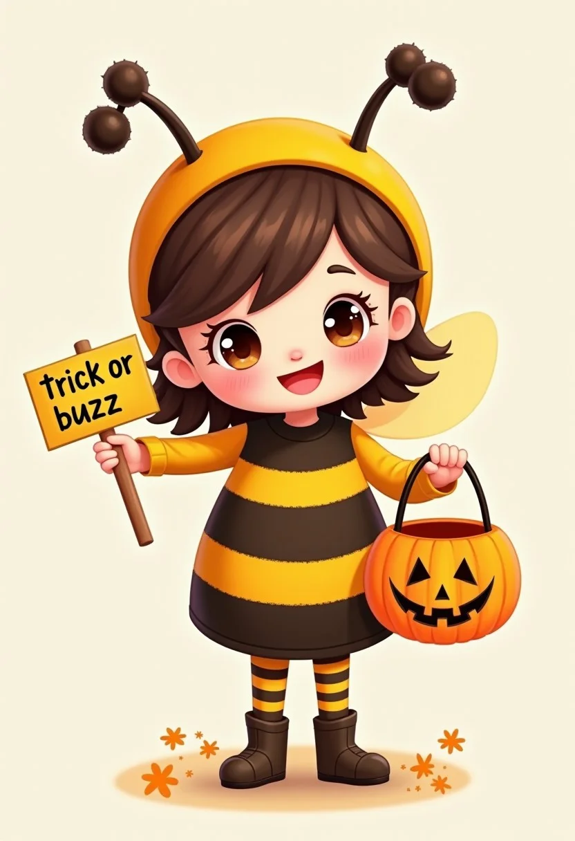 Cartoon image of a cute little girl wearing a bumblebee outfit for Halloween also holding a trick or treat basket holding it out towards the viewer, holding a sign with the other hand, sign prominently displays the text "trick or buzz"
