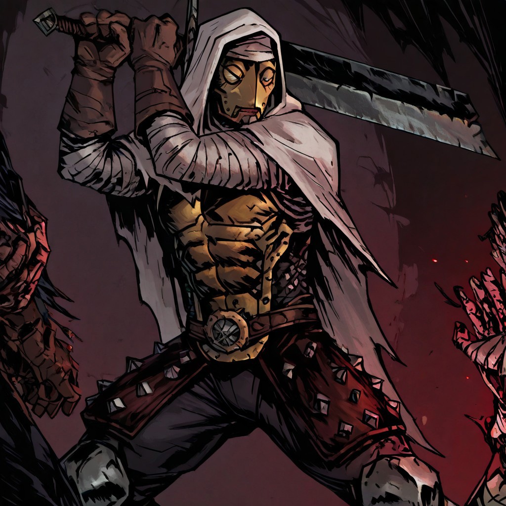 masterpiece, best quality, newest, absurdres, highres, TTCSV1.0,
solo, solo focus, 1boy, DDLEP-V1.0, armor, mask, metal mask, golden mask, gloves, brown gloves, bandages, hood, hood up, abs, holding, holding sword, sword, weapon, holding weapon, dynamic pose, combat stance,