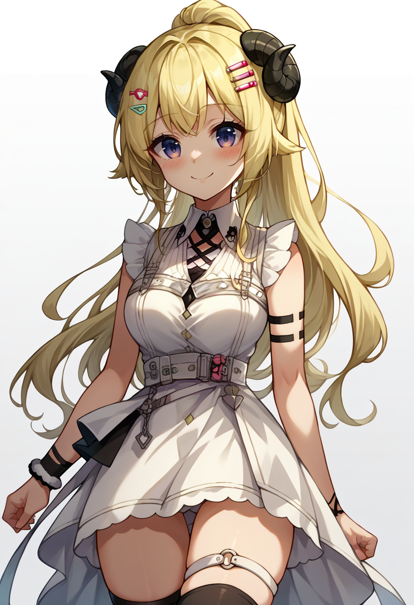 score_9, score_8_up, source_anime, 1girl, solo, WatameNightFever, ponytail, hairclip, white dress, sleeveless, arm band, thigh strap, black thighhighs, simple background, white background, smile, blush, <lora:ChamTsunomakiWatamePonyXLV2:1>