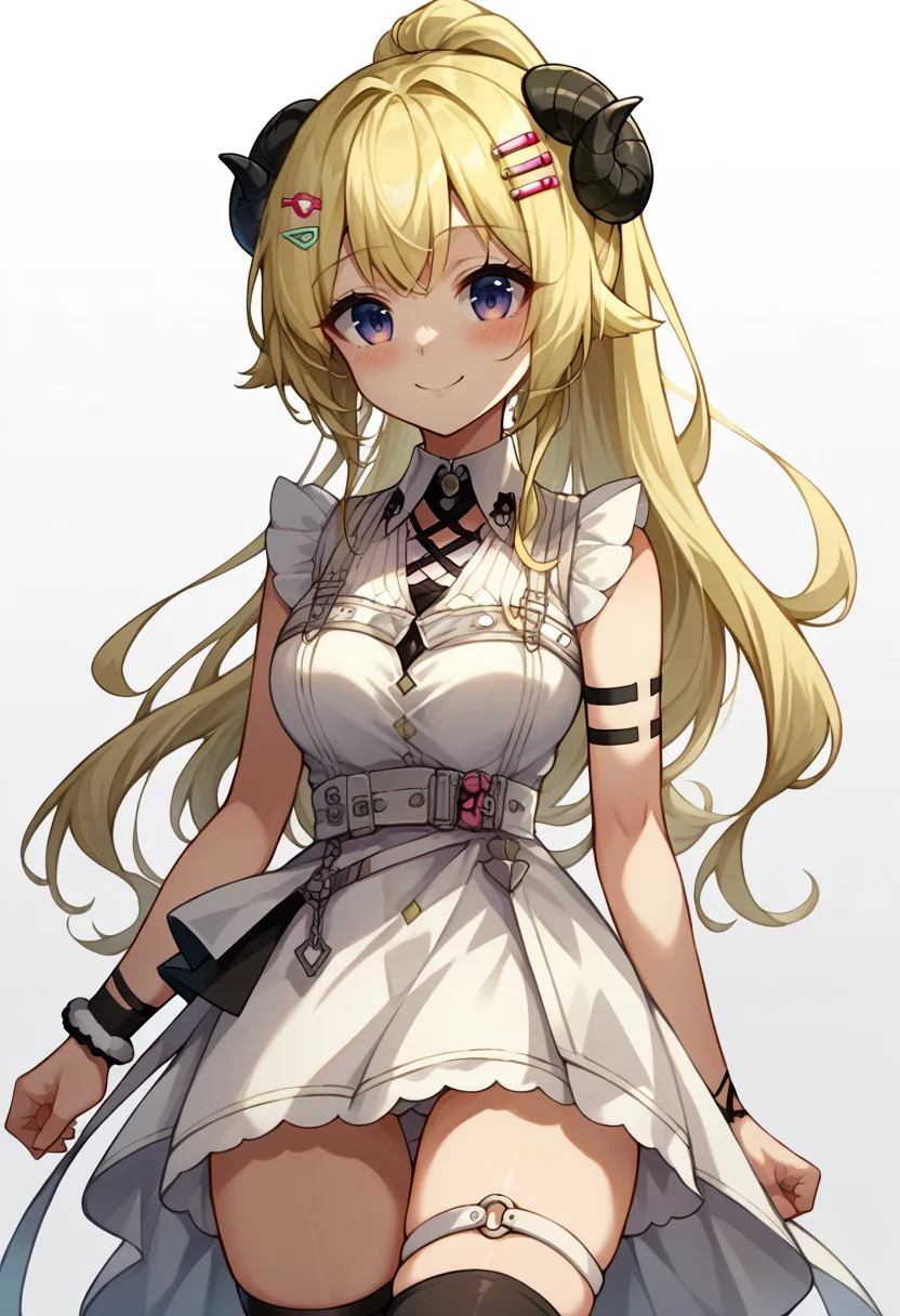 score_9, score_8_up, source_anime, 1girl, solo, WatameNightFever, ponytail, hairclip, white dress, sleeveless, arm band, thigh strap, black thighhighs, simple background, white background, smile, blush, <lora:ChamTsunomakiWatamePonyXLV2:1>
