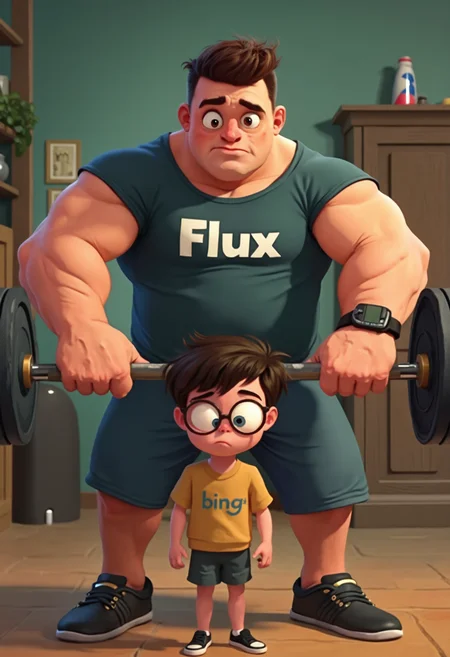 a semi-realistic cartoon in the style of pixar, Person #1 is a strong bully wearing a athletic tshirt with the word "Flux" on it, Person #2 a nerdy skinny kid with large glasses that's wearing a shirt that says "bing" Person #1 is bench pressing weights over Person #2 head, Person #2 is in distress 