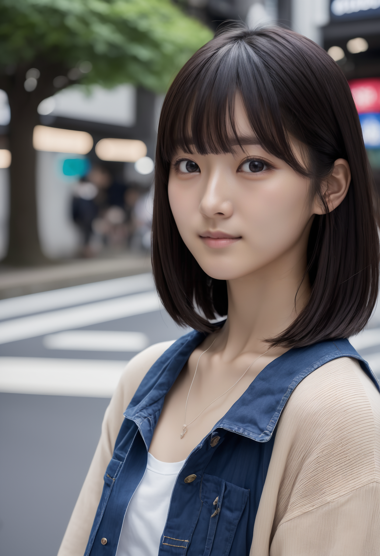 jpn-girl, Professional portrait photography of the face of a beautiful girl with (glossy nude lips) with black eyes, Nikon Z9, looking at the camera, realistic matte skin, highly detailed, skin texture visible, 
20 yo, bob with bangs , cleavage,  large breasts, 
woman wearing casual clothes, woman working at shibuya city,
<lora:jpn-girl_v1:0.75>,
