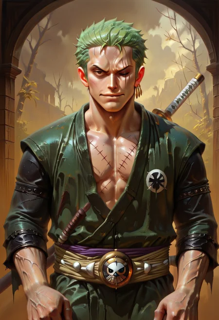 masterpiece, best quality, newest, absurdres, highres, DFOP-V3.0, oil painting, realistic, 1boy, Zoro \(one piece\), green hair, one closed eye, one eye open, scar over eye,