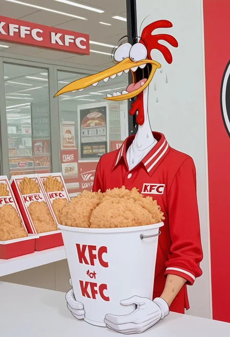 Masterpiece, best quality, highly detailed, absurdres, 1boy, solo, ch1ken, beak, KFC uniform, KFC background, holding, bucket of KFC, scared expression, sweating, detailed background, KFC Logo,
