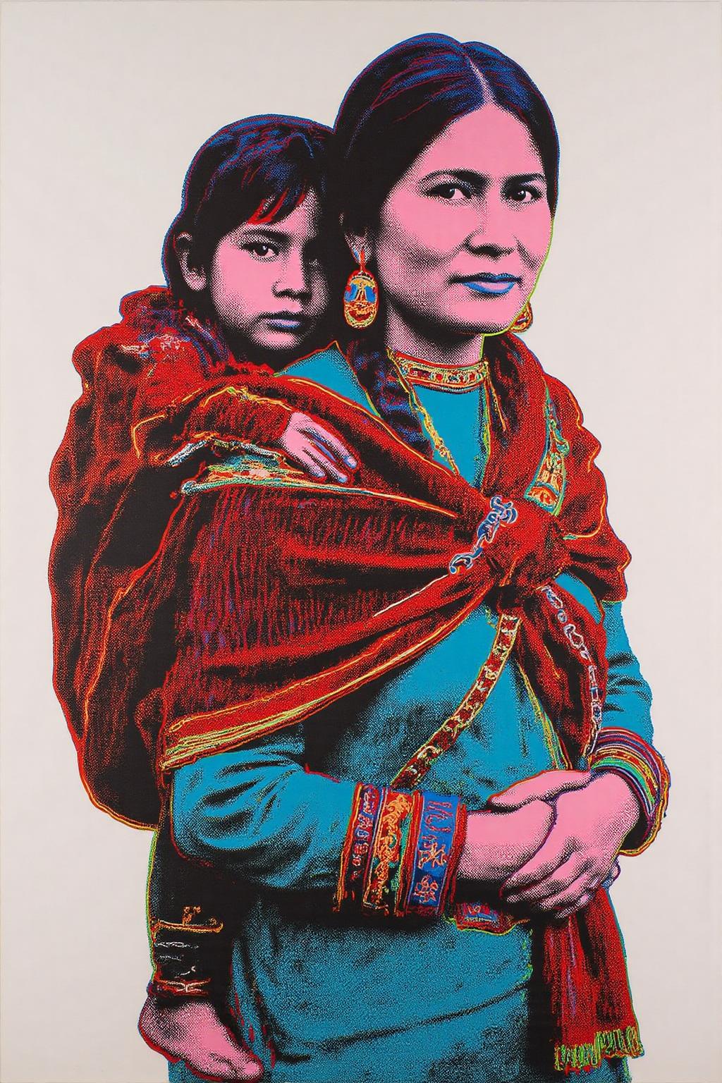 andywarhol1 illustration.
A Native American woman carrying a child on her back.
 <lora:andywarhol1_cap_d6a3:1.0><lora:836295321827958443:0>