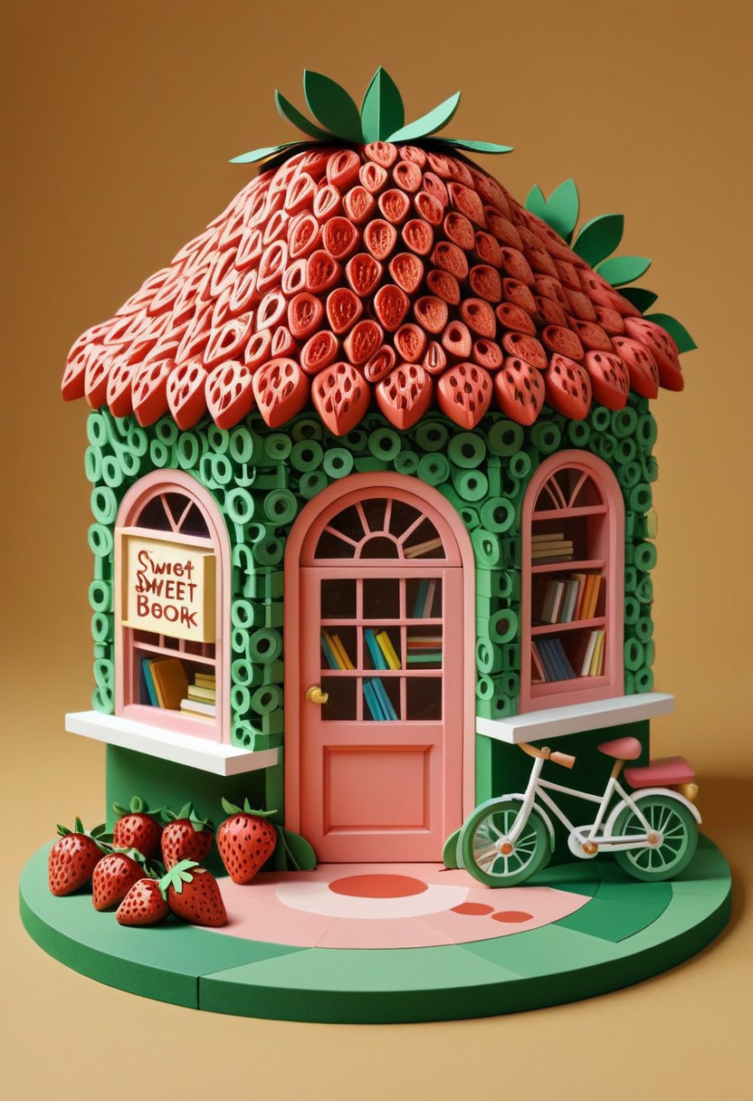 a tiny charming corner bookstore shaped like a halved strawberry, with circular windows as seeds and green leafy trim forming awnings. A bicycle rests outside, a cat naps near the steps, and hand-painted signs advertise “Sweet Reads.” Composition is simple, centered, and inviting—storybook-like in warmth and composition.
Tags: minimalist composition, simple composition, clean lines, made of strawberry, low-poli, voronoi, voxels, transformed into a strawberry-themed landscape, strawberry-themed elements, illustration insanity, surrealist artistic textures, fluid realism, Paper Quilling, storybook surrealism