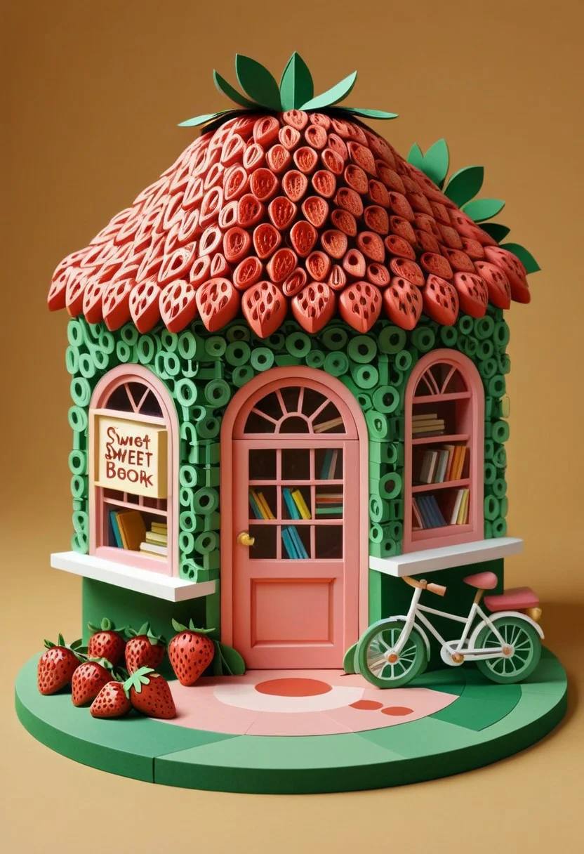 a tiny charming corner bookstore shaped like a halved strawberry, with circular windows as seeds and green leafy trim forming awnings. A bicycle rests outside, a cat naps near the steps, and hand-painted signs advertise “Sweet Reads.” Composition is simple, centered, and inviting—storybook-like in warmth and composition.
Tags: minimalist composition, simple composition, clean lines, made of strawberry, low-poli, voronoi, voxels, transformed into a strawberry-themed landscape, strawberry-themed elements, illustration insanity, surrealist artistic textures, fluid realism, Paper Quilling, storybook surrealism