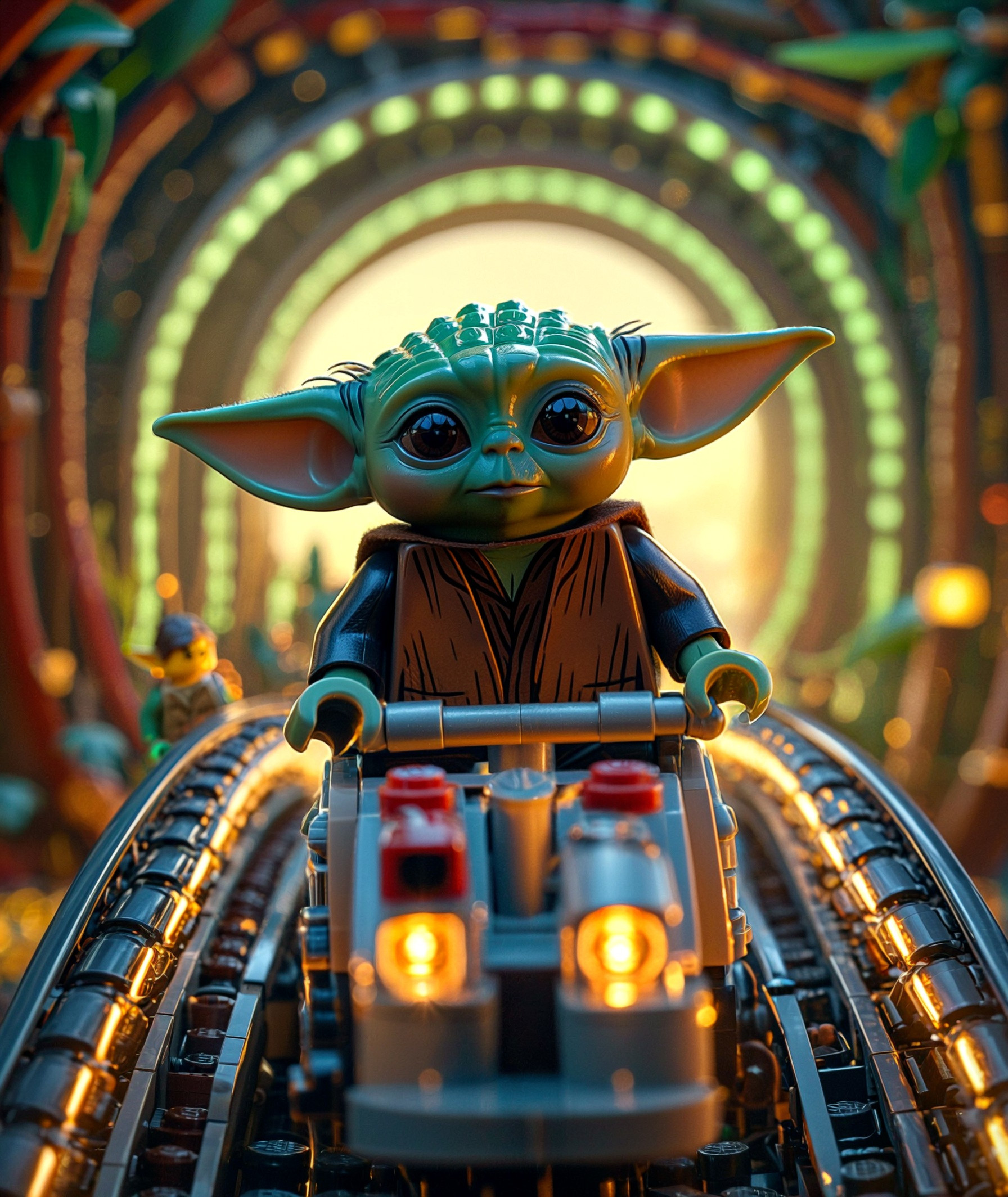1Baby Yoda riding plastic Lego style riding colourful roller coaster together, cute , smiling <lora:Lego_Cinematic_Lora:1.2>, cinematic, colorful background, concept art, 8k, dramatic lighting, high detail, highly detailed, hyper realistic, intricate, intricate sharp details, octane render, smooth, studio lighting, trending on artstation., cinematic photorealistic, 8k uhd natural lighting, raw, rich, intricate details, key visual, atmospheric lighting, 35mm photograph, film, bokeh, professional, 4k, highly detailed