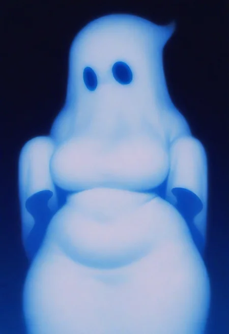 petrasvoice, masterpiece, grainy, colourful background, tittyghost, ghost costume, breasts, googly eyes, white outfit, face covered, head covered, chubby, plump, skindentation,
