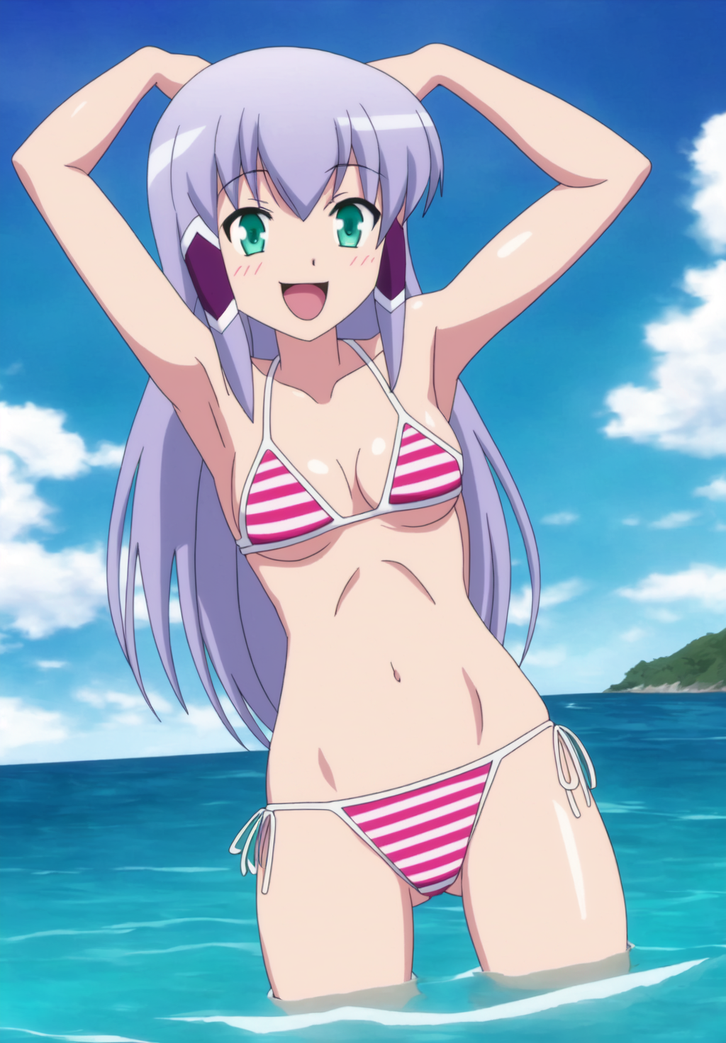 <lora:Elze_Silhoueskav2:0.8>, Elze_Silhoueska, 1girl, solo, breasts, smile, open mouth, navel, green eyes, swimsuit, bikini, outdoors, sky, day, striped, cloud, armpits, water, arms up, side-tie bikini bottom, ocean, wading, striped bikini