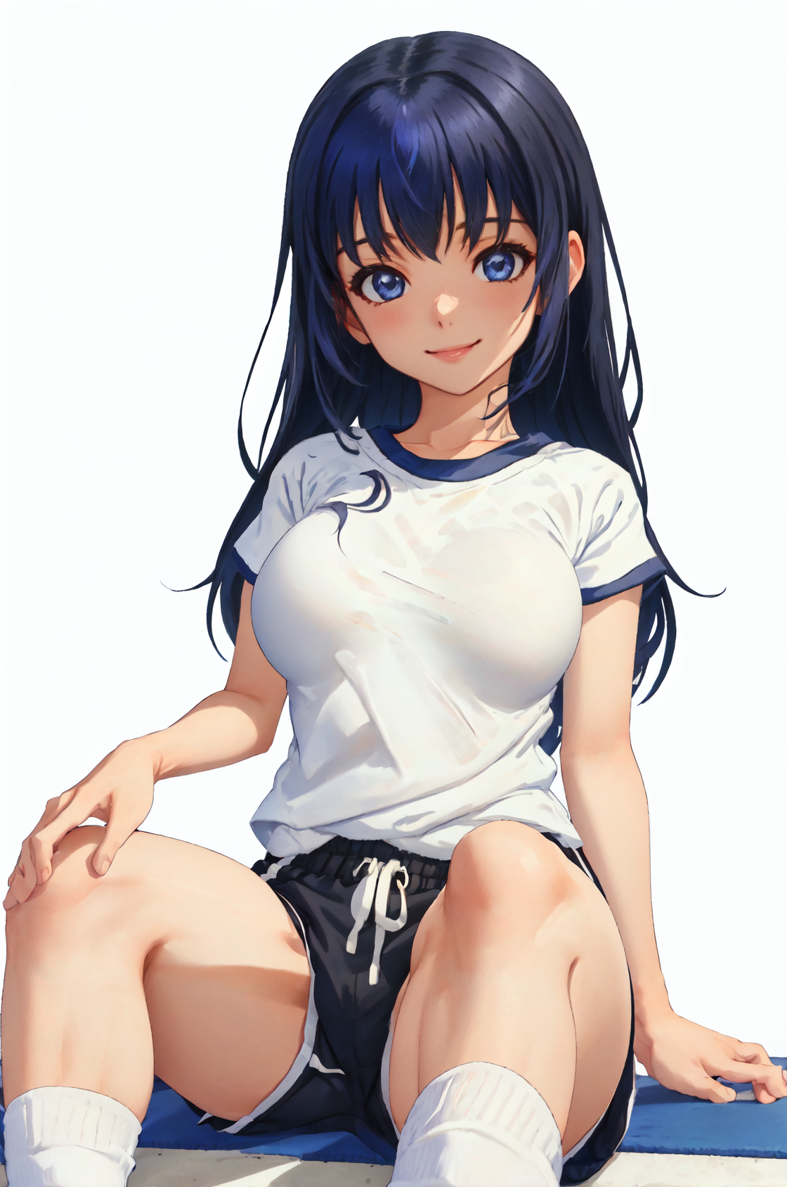 arinPangya, blue hair, blue eyes, long hair, bangs, large breasts, lips,
startSet, gym uniform, white shirt, black buruma, ankle socks, sandals,
sitting on floor,
1girl, solo, smile,
looking at viewer,
((white background)),
<lora:arinPangyaV1.7:0.85>