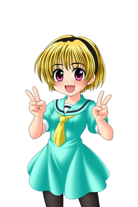 higurashiog, 1girl, houjou satoko, aged down, solo, (small breasts, breasts), blonde hair, short hair, hairband, ((simple background, white background)), pantyhose, sailor dress, green sailor dress, green dress, yellow necktie, school uniform, dress, smile, happy, open mouth, blush, fang, upper body, looking at viewer, double v, (atmospheric perspective), 
(masterpiece, best quality, absurdres, highres), very awa, 