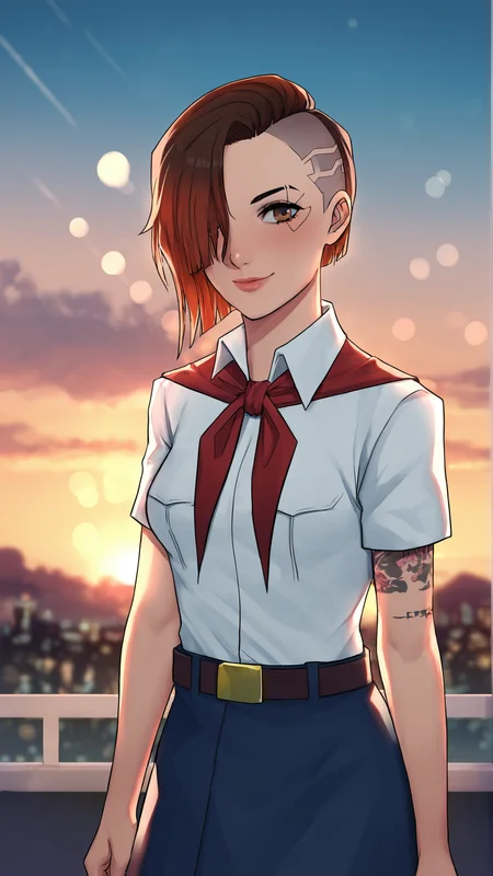 score_9, score_8_up, score_7_up,
best quality, masterpiece, ultra detailed,
looking at the viewer, looking at the camera,
portrait,
light smile, blush,
source_cyberpunk_2077, judy alverez, brown eyes, tattoos, multicolored hair, hair over one eye,
black eyeliner cat eye,
pink lips,
white collared shirt, short sleeves, red neckerchief, neckerchief, belt, blue skirt,
sunset, warm light, cozy, sky, clouds,
amazing background, outdoors,
bokeh, blurry, blurry background,
<lora:Everlasting_Summer_Vanilla_Art_Style_by_GraffMetal:1>,